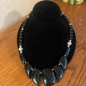 Vintage 1980s Black Enamel Silver Tone Necklace